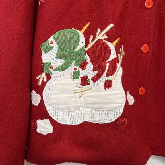 Vintage Womens Red Wool Blend Snowman Cardigan Jacket Blanket Stitch Take Two LG - Picture 2 of 7